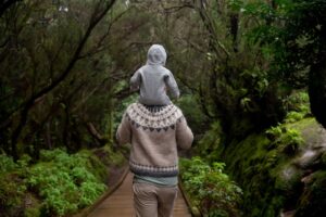 Child on parent shoulder in nature